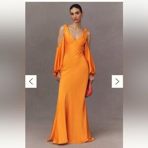 Halston Binnie V-Neck Puff-Sleeve Satin Mermaid Gown